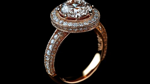 Luxurious diamond engagement ring in rose gold, close-up detail.