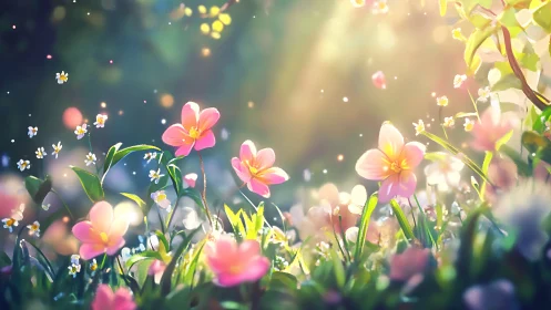 Glowing pink wildflowers catch soft golden morning light