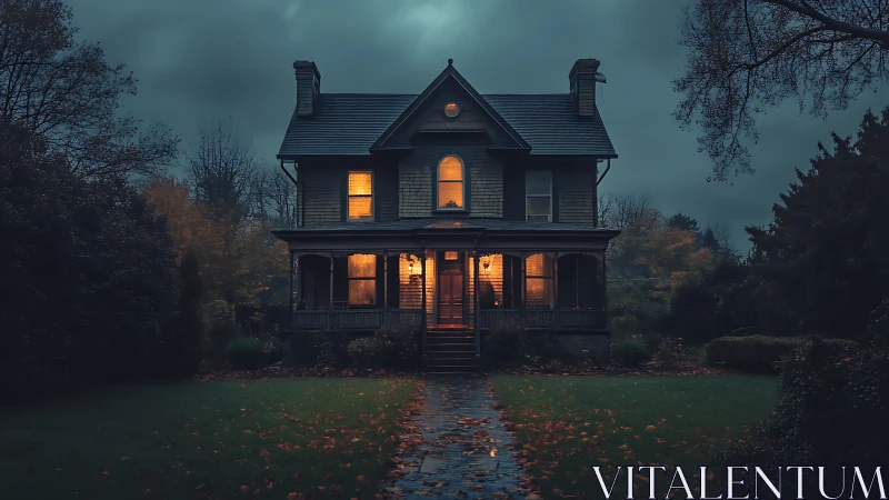 Victorian house glows warmly under stormy twilight sky