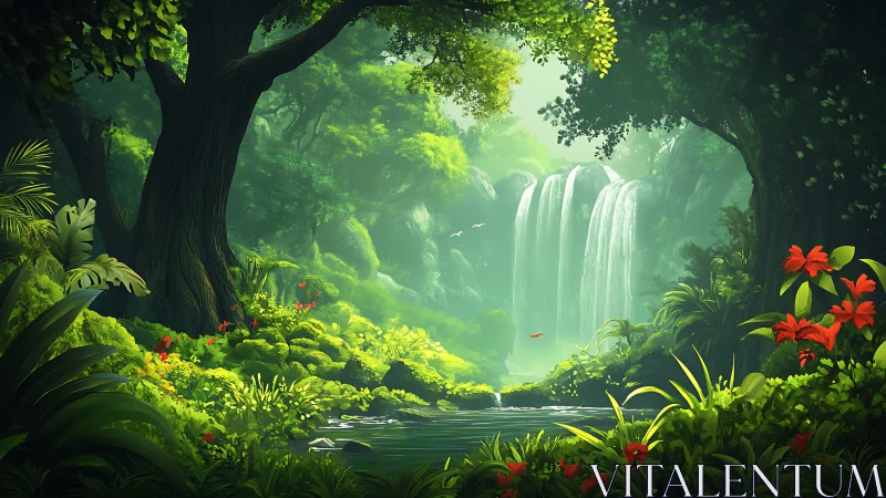 Cascading waterfall through verdant forest with luminous atmospheric rendering.