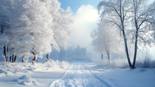 Snowy forest path glows softly beneath a pale winter sky