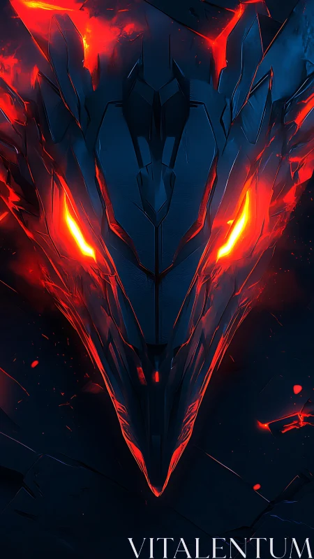 Digital painting of infernal dragon mask in molten symmetry.