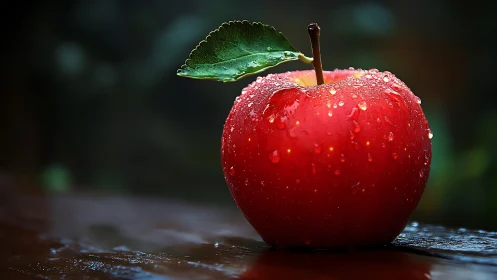 Raindrop jewels crown a crimson apple in soft bokeh hush