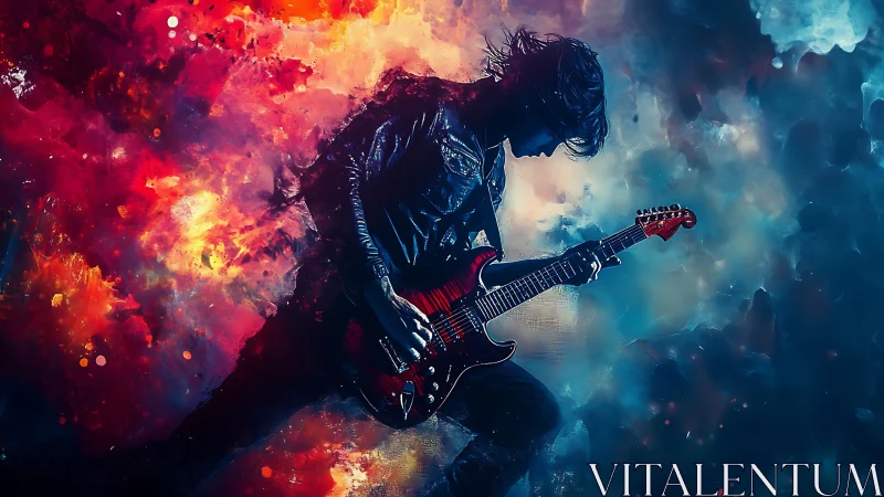 Explosive digital rock guitarist in fiery cosmic stage.