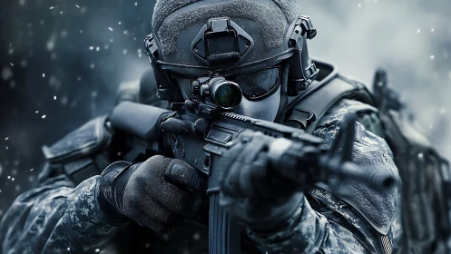 Frost‑covered tactical soldier holding steady under snowfall.