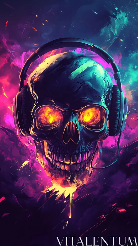Glowing neon skull in headphones pulses through cosmic sound