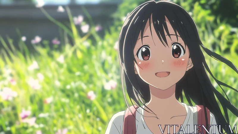 Smiling anime schoolgirl outdoors with soft green background.