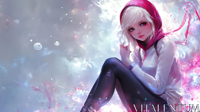 Starlit hoodie girl adrift in soft nebula sparkles.