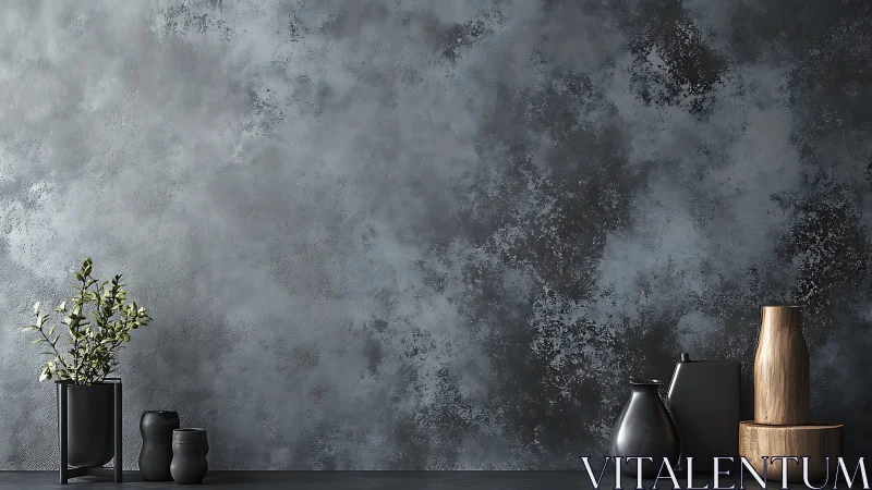 Vases and plant arranged against textured gray cement wall