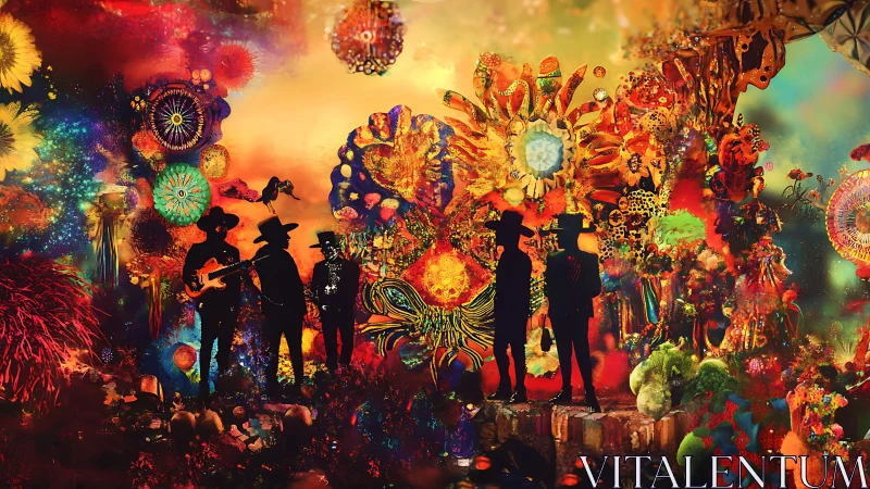 Midnight band wandering through a neon cosmic garden.