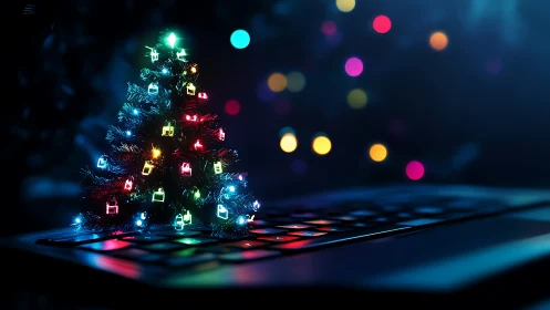 Miniature lit tree on laptop keyboard in dark setting.