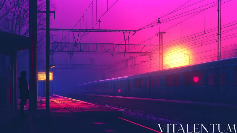 Neon sunset bathes a quiet train platform in vivid glow.
