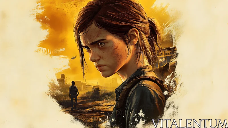 Defiant young survivor stands in a sunlit ruined wasteland.