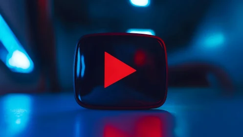 Neon Play Button Icon Glowing in Cyberpunk Environment.