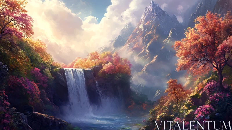Autumn waterfall valley beneath towering sunlit peaks.