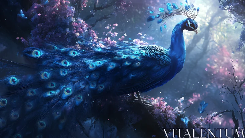 Sapphire peacock glows over ethereal blossom forest
