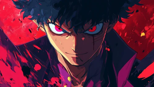 Intense anime close-up with red chromatic contrast and dynamic lighting