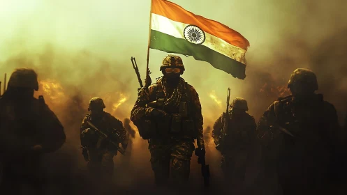 Stormlit soldiers stride forward under the soaring tricolor flag