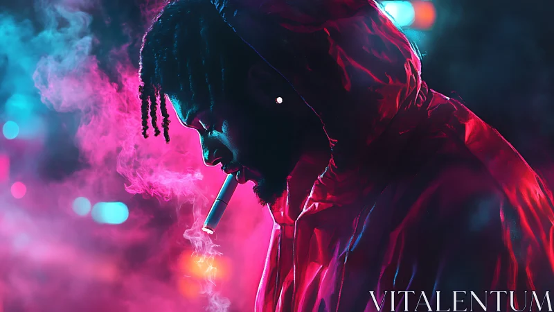 Man in neon hood smoking in colorful night smoke.