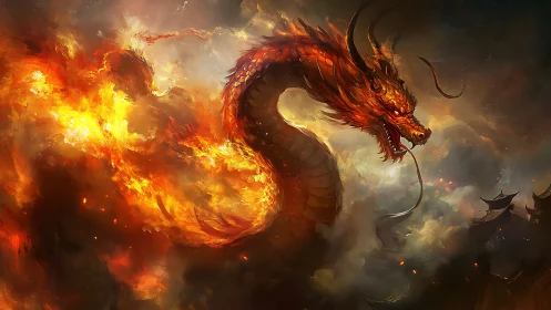 Serpentine fire dragon arcs through smoke with dynamic volumetric flames