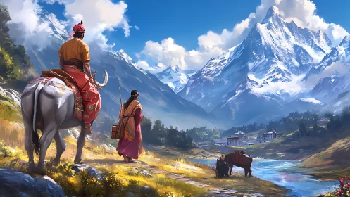 High-altitude caravan traverses luminous river valley below glaciated peak