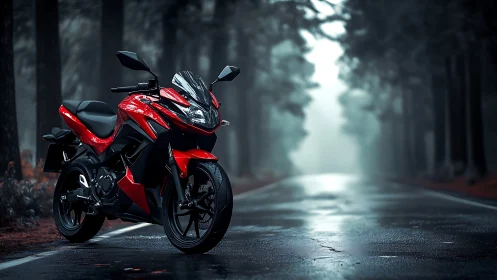 Sport motorcycle on wet forest road under moody atmospheric lighting