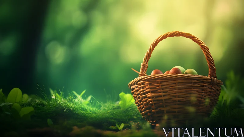 Woven wicker basket holds colorful eggs in sunlit forest