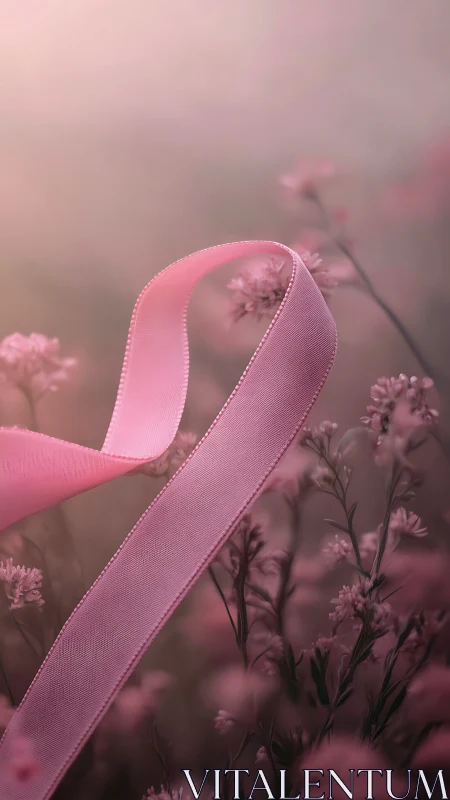Pink Ribbon Among Flowers - A Symbol of Hope.