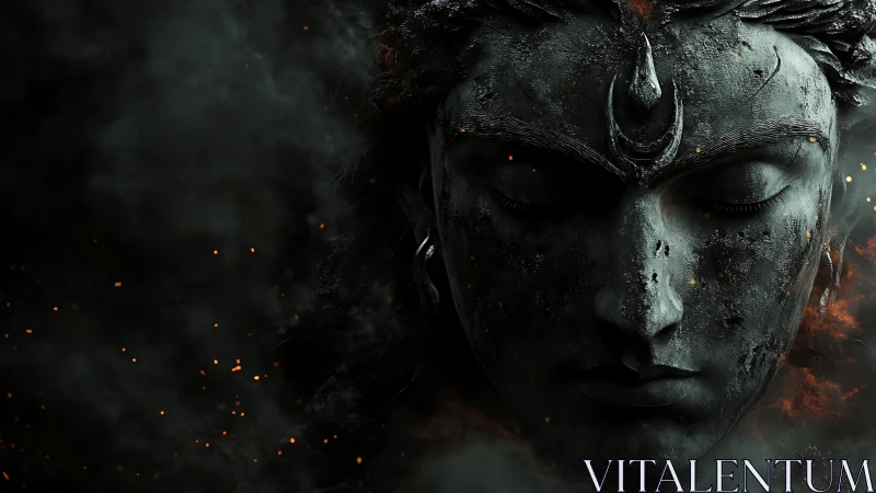 Serene stone deity emerges from embers and swirling smoke