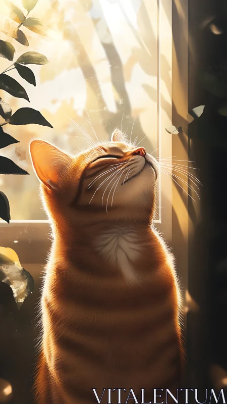 Ginger tabby cat in sunlight by window with foliage present.
