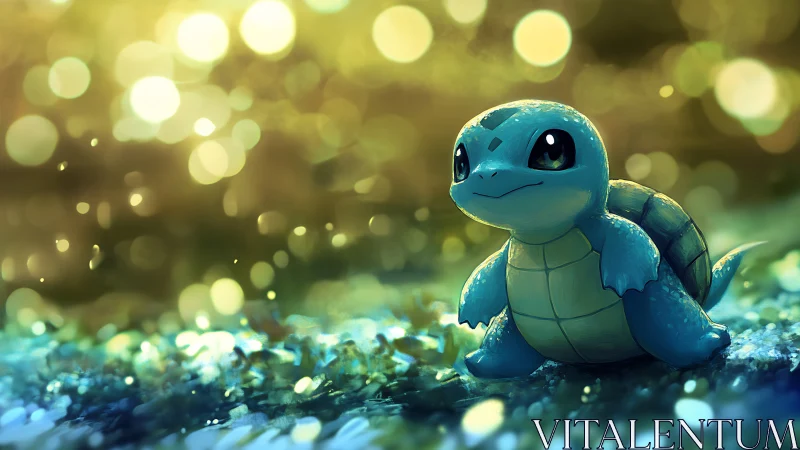 Gentle blue turtle friend glowing in soft forest light.