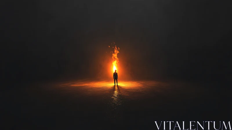 Solitary ember soul standing before an endless midnight blaze.