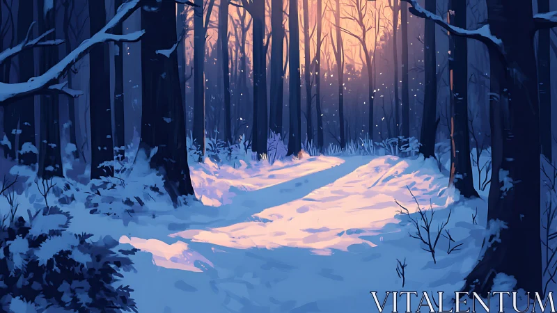 Snowy Forest Path Bathed in Golden Sunrise Glow.