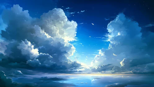 Towering luminous clouds above glasslike ocean horizon.
