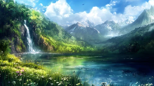 Peaceful waterfall valley wrapped in sunlit mountain magic.