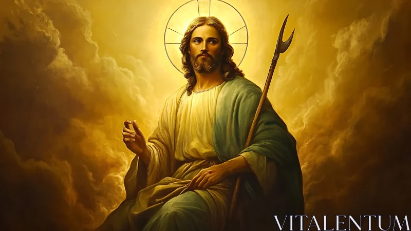 Digital painting of radiant saintly figure within golden clouds.