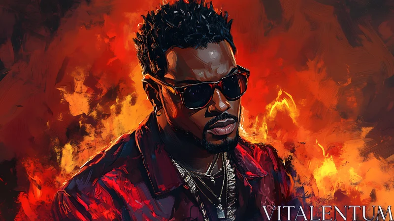 Stylish portrait burns through bold neon firestorm background.