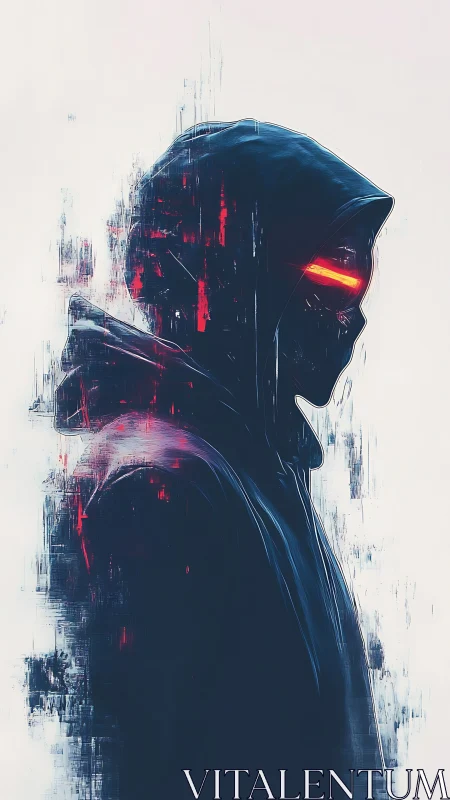 Cybernetic hooded silhouette with neon visor in profile view