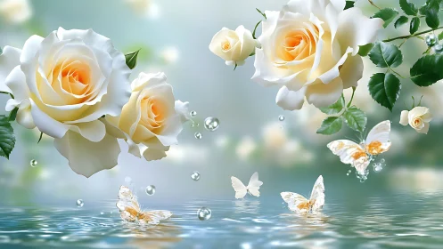 Cream Roses and Butterflies Float Above Serene Water