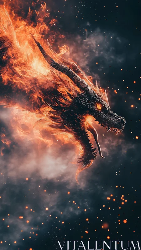 Ember-crowned dragon streaking through star-flecked smoke.