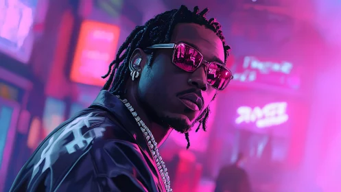 Neon city glow wraps a stylish man in vivid night color