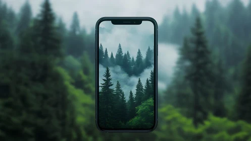 Smartphone Display Integration with Photorealistic Forest Landscape and Atmospheric Mist