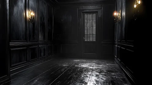 Dark paneled hallway terminates at closed multi-pane door