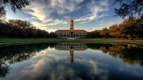Symmetrical campus architecture with reflective sunset pool view.
