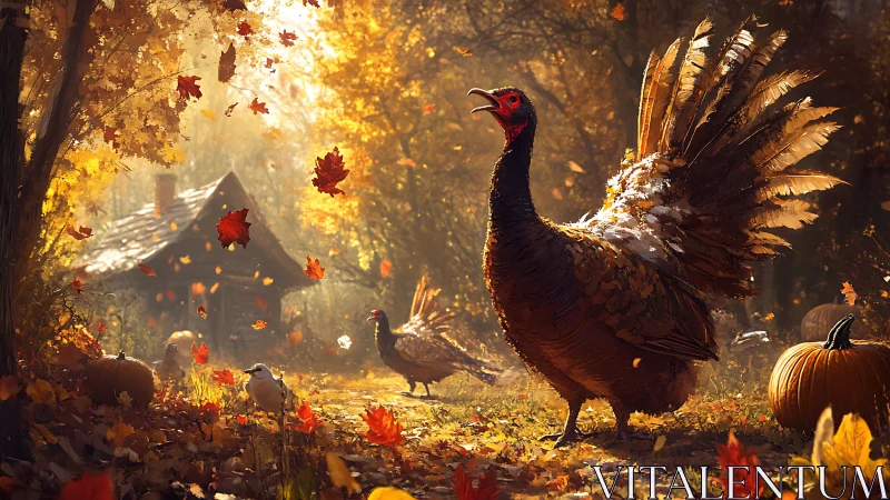 Autumn turkey heralds a golden woodland harvest morning.