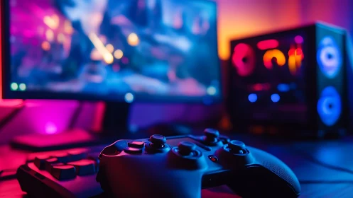 Neon-soaked gamepad quietly commands a glowing digital realm