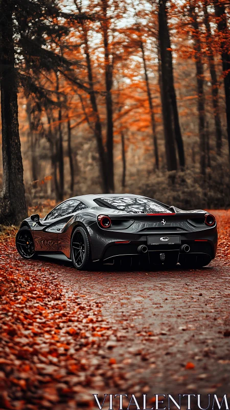 Black sports coupe parked on forest road in autumn light.