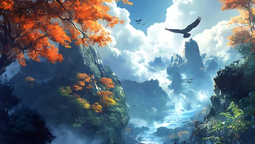 Soaring eagle crosses a misty canyon of fiery autumn peaks.