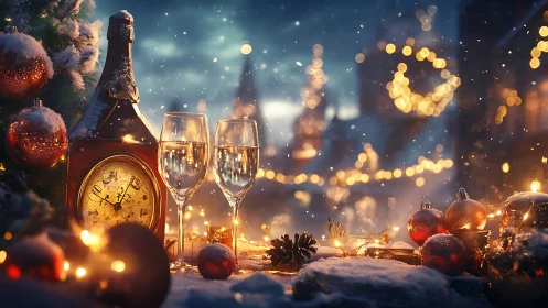 Snowlit New Year still life unites clock, champagne and bokeh