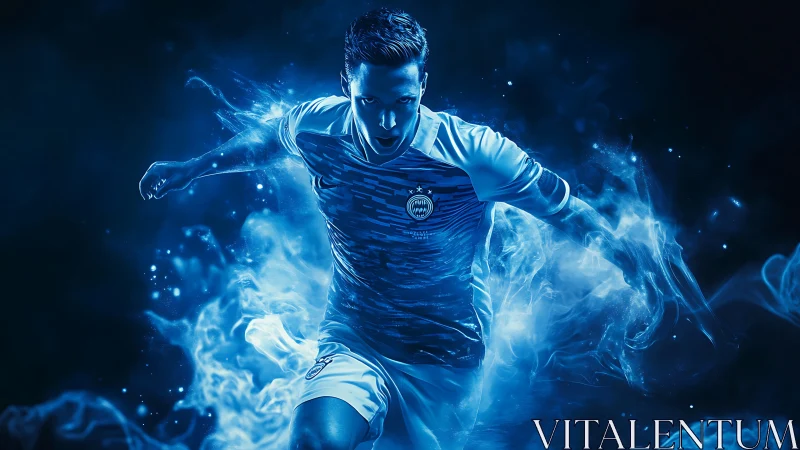 Blue electric soccer hero sprinting through swirling light.